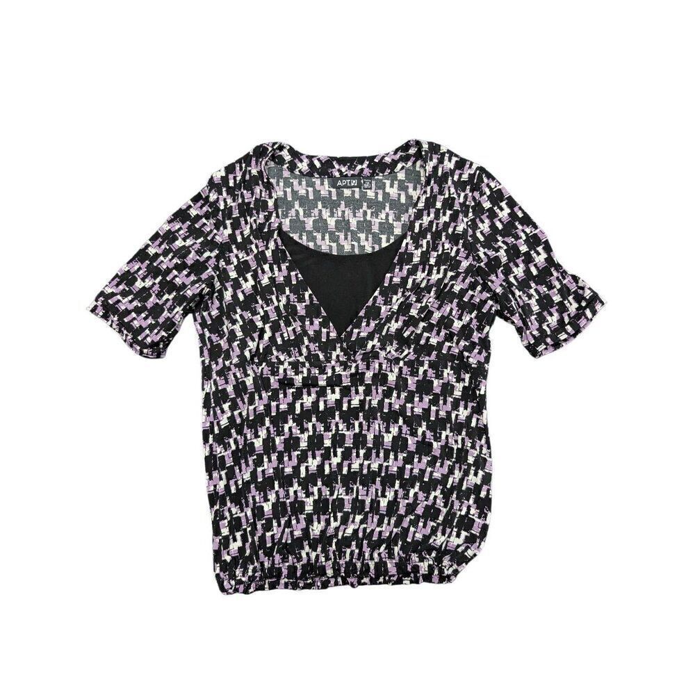 Apt 9 Blouse Black Purple White V-Neck Short Sleeve Stretch Knit Women's PM